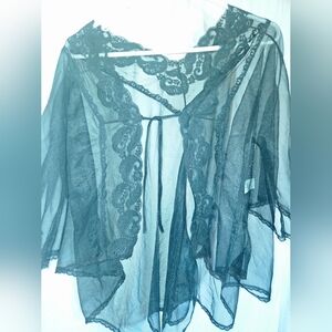 Vintage Sears Black Sheer Lace Tie Front Peignoir Robe S 8 10